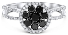 .94CT WHITE & BLACK DIAMOND 14KT WHITE GOLD 3D CLASSIC FLOWER CIRCULAR LOVE RING