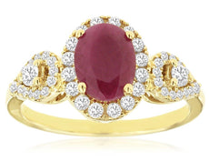 1.95CT DIAMOND & AAA RUBY 14KT YELLOW GOLD OVAL & ROUND 3 STONE ENGAGEMENT RING