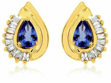 ESTATE 1.30CT DIAMOND & AAA TANZANITE 14K YELLOW GOLD CLASSIC TEAR DROP EARRINGS