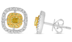 .69CT WHITE & FANCY YELLOW DIAMOND 18K 2 TONE GOLD CUSHION & ROUND HALO EARRINGS