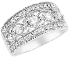 ESTATE WIDE .85CT DIAMOND 14KT WHITE GOLD 3D THREE ROW FILIGREE ANNIVERSARY RING
