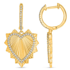 ESTATE .28CT DIAMOND 14K YELLOW GOLD OPEN HEART LEAF HUGGIE FUN HANGING EARRINGS