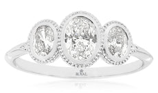 .75CT DIAMOND 14K WHITE GOLD CLASSIC OVAL 3 STONE BEZEL FILIGREE ENGAGEMENT RING