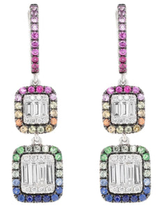 1.49CT DIAMOND & AAA MULTI COLOR SAPPHIRE 14KT WHITE GOLD DOUBLE SQUARE EARRINGS