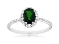 1.12CT DIAMOND & AAA RUSSALITE 14KT WHITE GOLD OVAL & ROUND HALO ENGAGEMENT RING