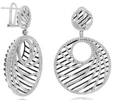 LARGE 4.0CT DIAMOND 18KT WHITE GOLD 3D CIRCULAR SWIRL CLIP ON HANGING EARRINGS