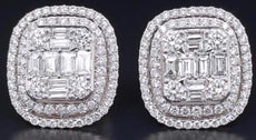 LARGE 4CT DIAMOND 18K WHITE GOLD ROUND BAGUETTE SQUARE DOUBLE HALO STUD EARRINGS