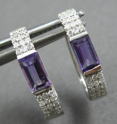 .72CT DIAMOND & AAA AMTHEYST 14K WHITE GOLD EMERALD CUT & ROUND HUGGIE EARRINGS