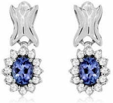 ESTATE .98CT DIAMOND & AAA TANZANITE 14K WHITE GOLD OVAL FLOWER HANGING EARRINGS