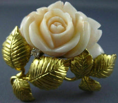 ANTIQUE LARGE .15CT DIAMOND & AAA CORAL 18KT YELLOW GOLD FLOWER PIN BROOCH #2470