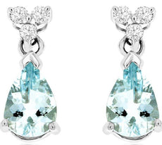 3CT DIAMOND & AAA AQUAMARINE 14KT WHITE GOLD PEAR SHAPE & ROUND HANGING EARRINGS