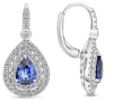 2.09CT DIAMOND & AAA SAPPHIRE 18KT WHITE GOLD PEAR SHAPE & ROUND HALO EARRINGS