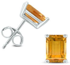 1.26CT AAA CITRINE 14KT WHITE GOLD 3D EMERALD CUT CLASSIC SOLITARE STUD EARRINGS