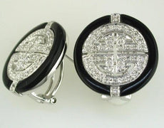 ESTATE .32CT DIAMOND & AAA ONYX 14KT WHITE GOLD FILIGREE CIRCLE CLIP ON EARRINGS