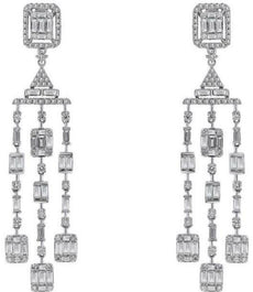 2.33CT DIAMOND 14KT WHITE GOLD 3D ROUND AND BAGUETTE CHANDELIER HANGING EARRINGS