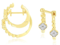 .18CT DIAMOND 14KT 2 TONE GOLD 3D FLOWER DOUBLE HOOP HUGGIE FUN HANGING EARRINGS