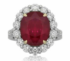 LARGE 8.35CT DIAMOND & AAA RUBY 18K 2 TONE GOLD FLOWER OVAL HALO ENGAGEMENT RING