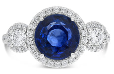 LARGE GIA 3.15CT DIAMOND & AAA SAPPHIRE 14KT WHITE GOLD 3 STONE ENGAGEMENT RING