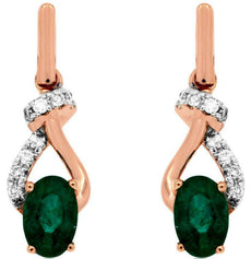 ESTATE .95CT DIAMOND & AAA EMERALD 14K ROSE GOLD OVAL LOVE KNOT HANGING EARRINGS