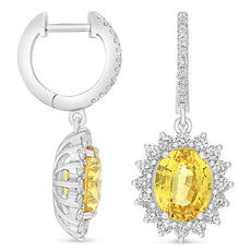 5.09CT DIAMOND & AAA YELLOW SAPPHIRE 18K WHITE GOLD OVAL & ROUND FLOWER EARRINGS