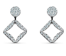 ESTATE LARGE .59CT DIAMOND 18KT WHITE GOLD ROUND & OPEN SQUARE HANGING EARRINGS