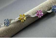 ESTATE 10.02CT DIAMOND & MULTI COLOR SAPPHIRE 18KT WHITE GOLD 3D FLOWER BRACELET