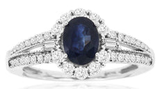 1.56CT DIAMOND & AAA SAPPHIRE 14KT WHITE GOLD OVAL ROUND & BAGUETTE FLOWER RING