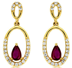 ESTATE .64CT DIAMOND & AAA RUBY 14K YELLOW GOLD PEAR SHAPE OVAL HANGING EARRINGS