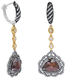 7.22CT WHITE ROSE & ICE DIAMOND 18KT WHITE YELLOW & BLACK GOLD HANGING EARRINGS