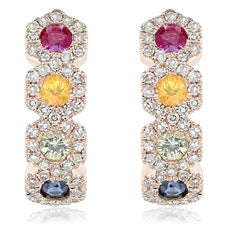 ESTATE .97CT DIAMOND & AAA MULTI COLOR SAPPHIRE 14K ROSE GOLD CLUSTER EARRINGS
