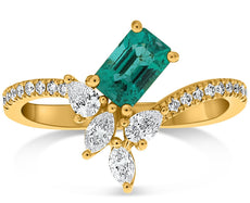 .93CT DIAMOND AAA EMERALD 14K YELLOW GOLD MULTI SHAPE FLORAL SOLITAIRE LOVE RING