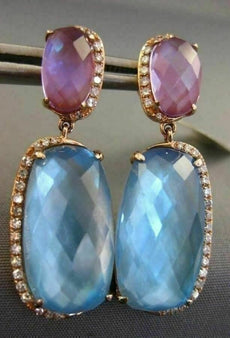 ESTATE LARGE 24.98CT DIAMOND & BLUE TOPAZ & AMETHYST 14KT ROSE GOLD 3D EARRINGS