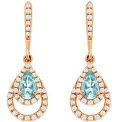 .52CT DIAMOND & AAA AQUAMARINE 14K ROSE GOLD PEAR SHAPE & ROUND HANGING EARRINGS