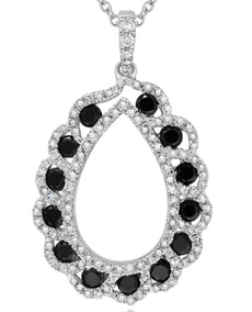 1.12CT WHITE & BLACK DIAMOND 14KT WHITE GOLD MULTI FLOWER OPEN TEAR DROP PENDANT