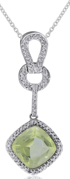 3.77CT DIAMOND & AAA LEMON QUARTZ 14KT WHITE GOLD 3D CUSHION & ROUND PENDANT