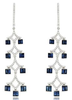 2.65CT DIAMOND & AAA SAPPHIRE 14KT WHITE GOLD ROUND & BAGUETTE HANGING EARRINGS