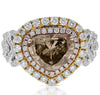 LARGE 3.92CT WHITE & CHOCOLATE FANCY DIAMOND 18K TRI COLOR GOLD HEART SHAPE RING