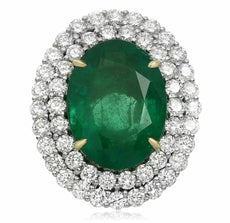 EXTRA LARGE 20.59CT DIAMOND & AAA EMERALD 18KT 2 TONE GOLD & PLATINUM HALO RING