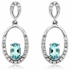 ESTATE .60CT DIAMOND & AAA AQUAMARINE 14KT WHITE GOLD 3D OVAL HANGING EARRINGS