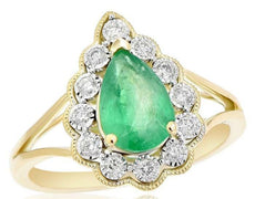 1.53CT DIAMOND & AAA EMERALD 14KT YELLOW GOLD PEAR SHAPE & ROUND FLOWER FUN RING
