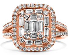 LARGE 1.45CT DIAMOND 14KT ROSE GOLD 3D ROUND & BAGUETTE CLUSTER ANNIVERSARY RING