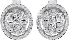 ESTATE 1.05CT DIAMOND 18K WHITE GOLD 3D ROUND CLUSTER HALO CLASSIC STUD EARRINGS