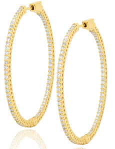 LARGE 1.5CT DIAMOND 18KT YELLOW GOLD 3D ROUND SHARED PRONG HOOP HANGING EARRINGS