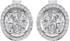 ESTATE 1.05CT DIAMOND 18K WHITE GOLD 3D ROUND CLUSTER HALO CLASSIC STUD EARRINGS