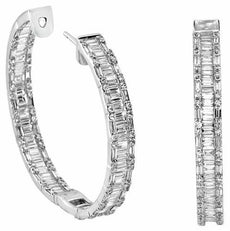 6.6CT DIAMOND 18KT WHITE GOLD ROUND & BAGUETTE INSIDE OUT HOOP HANGING EARRINGS