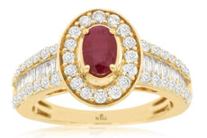 1.56CT DIAMOND & AAA RUBY 14KT YELLOW GOLD 3D OVAL ROUND & BAGUETTE CLASSIC RING