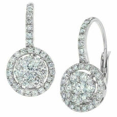 ESTATE .86CT DIAMOND 18KT WHITE GOLD CLASSIC CLUSTER LEVERBACK HANGING EARRINGS