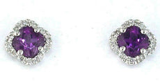 .90CT DIAMOND & AAA AMETHYST 14KT WHITE GOLD 4 LEAF CLOVER FLOWER STUD EARRINGS