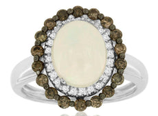 2.30CT WHITE & MOCHA DIAMOND & AAA OPAL 14KT WHITE GOLD OVAL & ROUND FLOWER RING