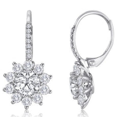 LARGE 2.58CT DIAMOND 14KT WHITE GOLD 3D ROUND SOLITAIRE FLOWER HANGING EARRINGS